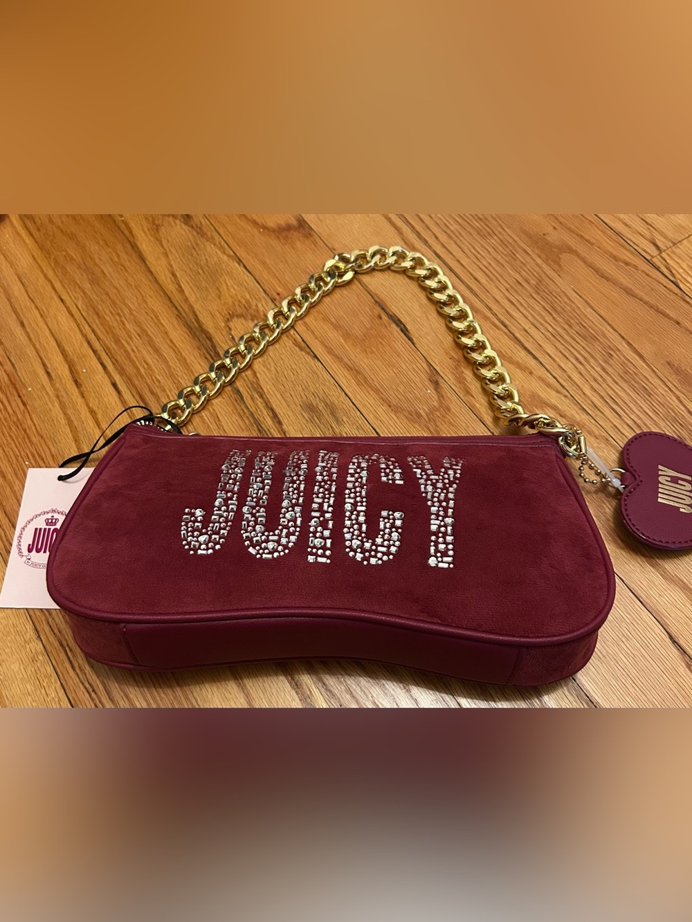 Juicy Couture Burgundy Crystal 'JUICY' Mini Shoulder Bag with Gold Chain
